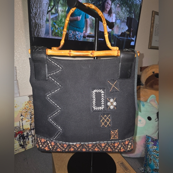 BCBGMaxAzria Handbags - Unique Black Bamboo-Handle Embroidered Medium Tote Bag - Preloved Condition